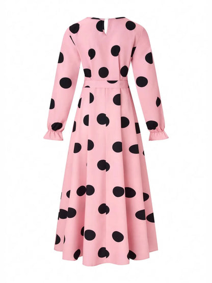 Polka Dot Tie Waist Flounce Sleeve Dress