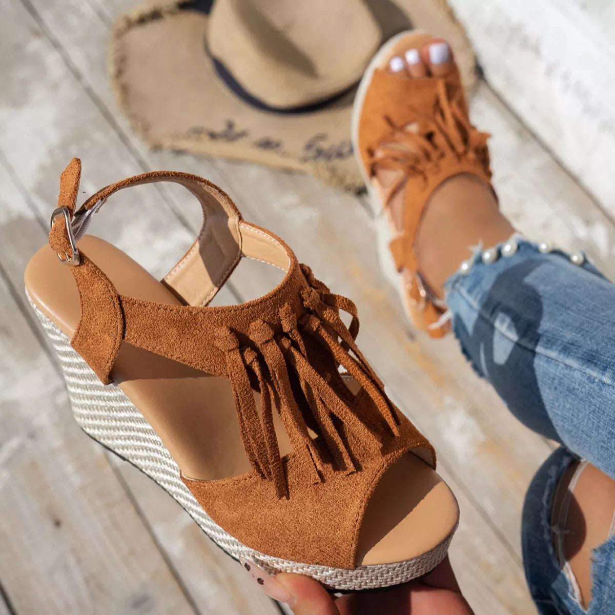 Fringe Platform Wedge Sandals