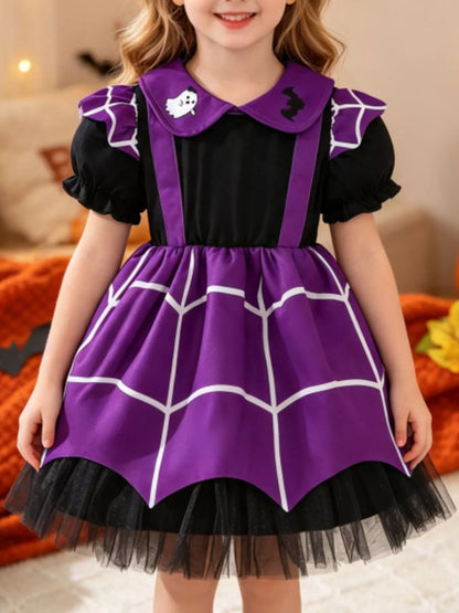 Children's Halloween Spiderweb Print Peter Pan Collar Dress