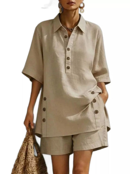 Full Size Casual Linen Button-Down Shirt & Shorts Set Plus Size