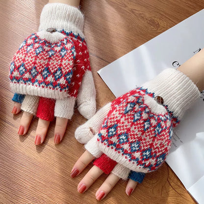Convertible Knit Gloves with Nordic Pattern