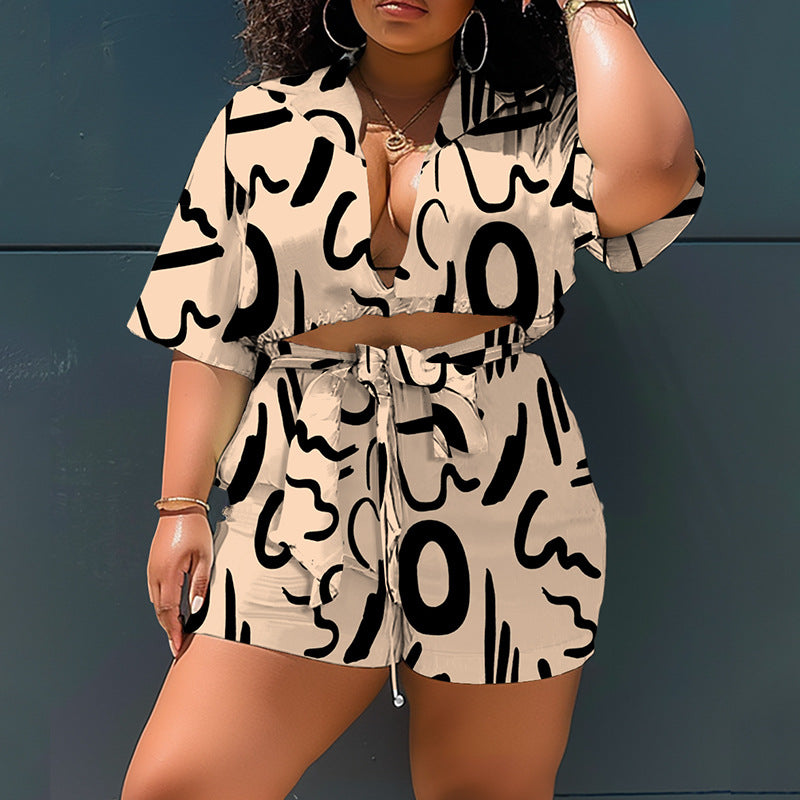 Two Piece Printed plus Size Shorts Set