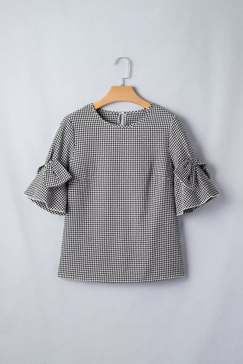 Gingham Bow Half Sleeve Blouse