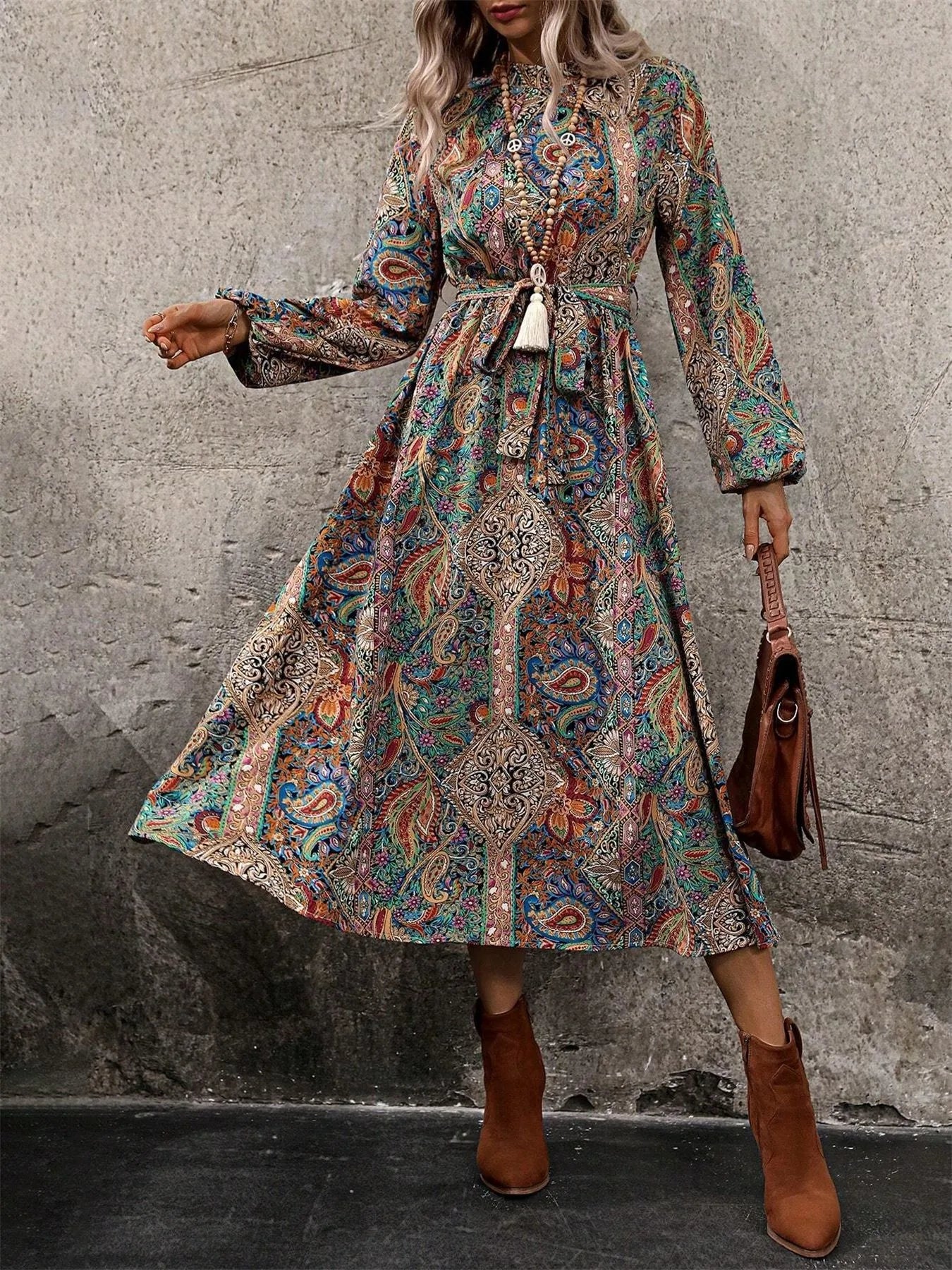 Paisley Print Long Sleeve Midi Dress