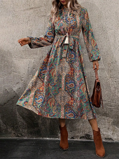 Paisley Print Long Sleeve Midi Dress