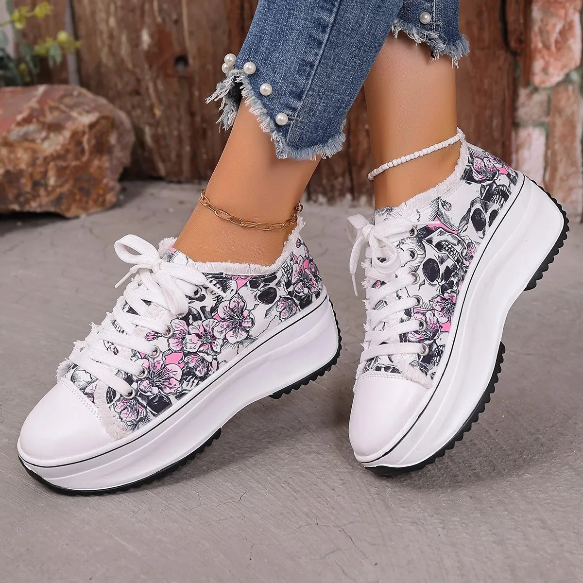 Printed Lace Up Platform Sneakers
