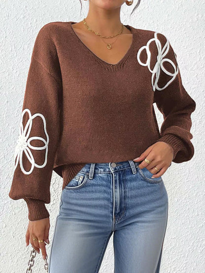 Flower V-Neck Dropped Shoulder Sweater