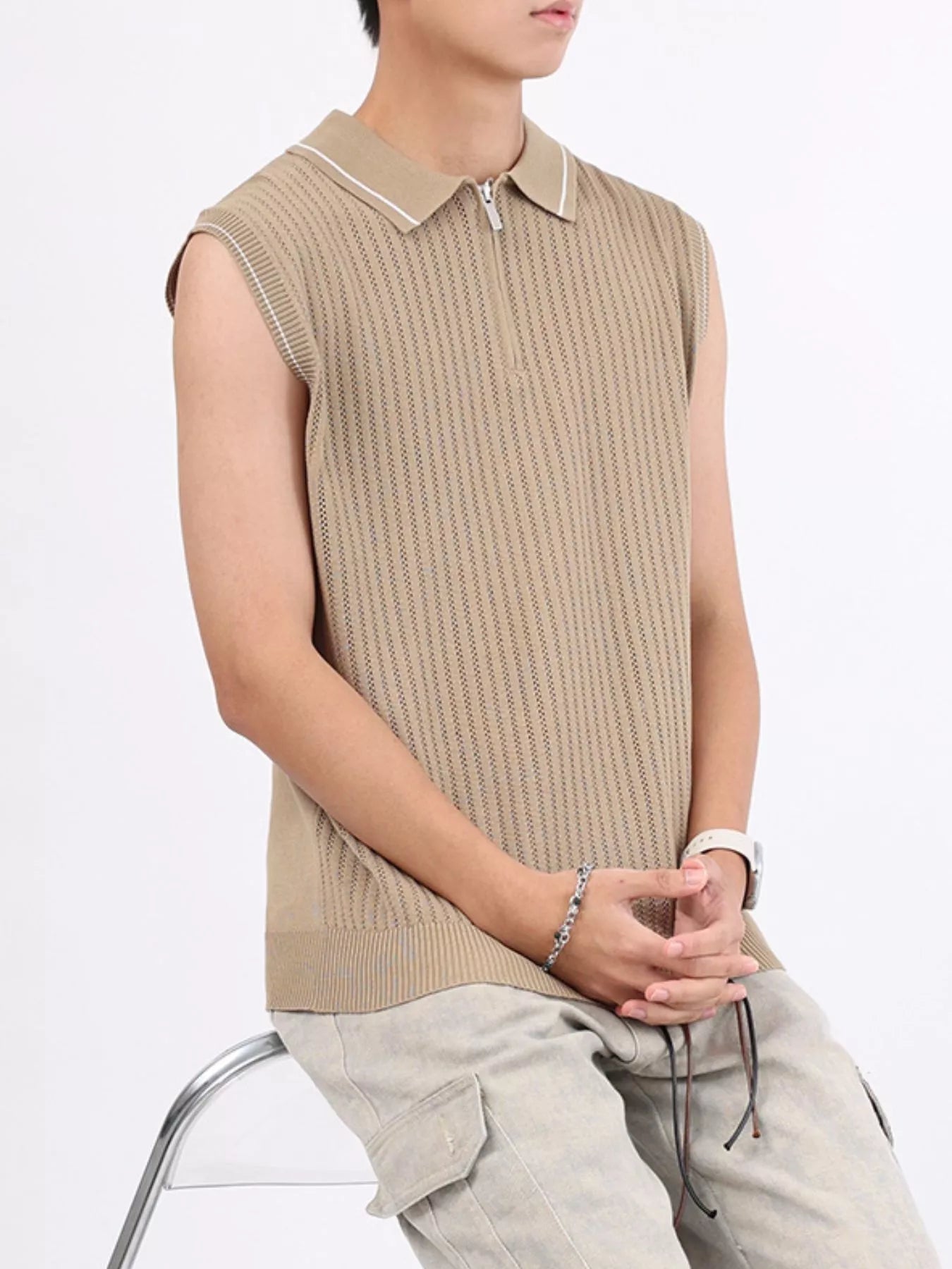 Men's Plus Size Knitted Polo Collar Zip-Up Sleeveless Top