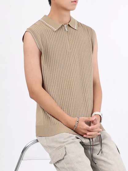 Men's Plus Size Knitted Polo Collar Zip-Up Sleeveless Top