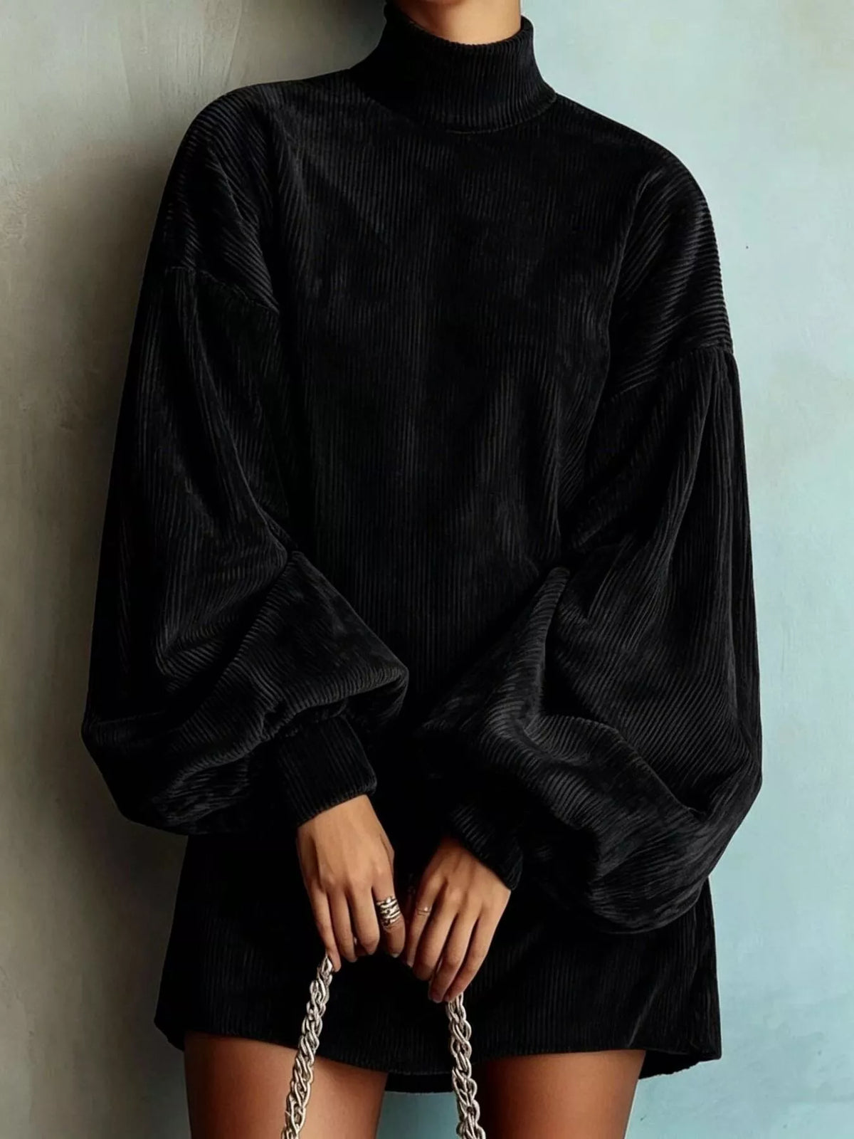 Corduroy mock neck lantern sleeve dress, view 5