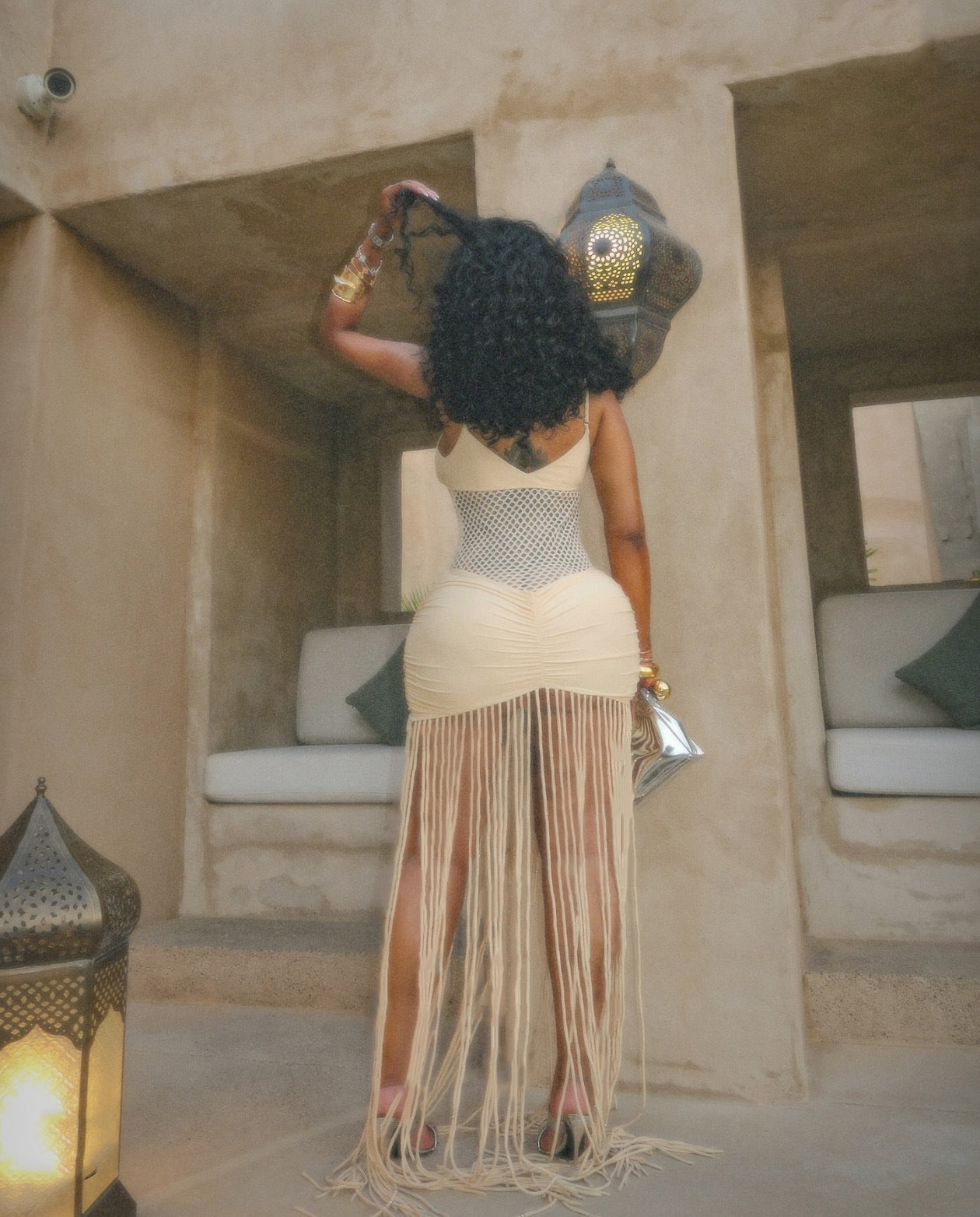 Mesh Pleated Hip Hugging Fringe Dress