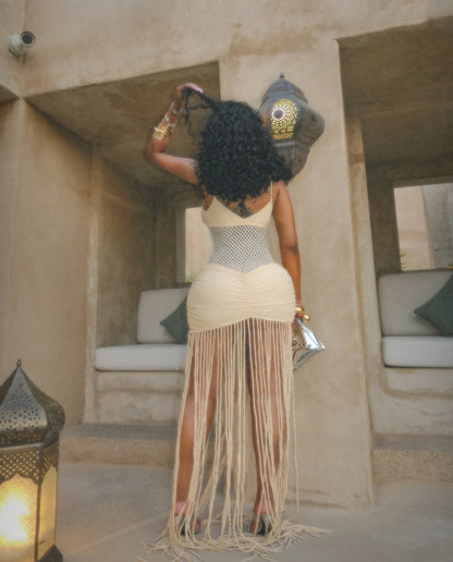 Mesh Pleated Hip Hugging Fringe Dress