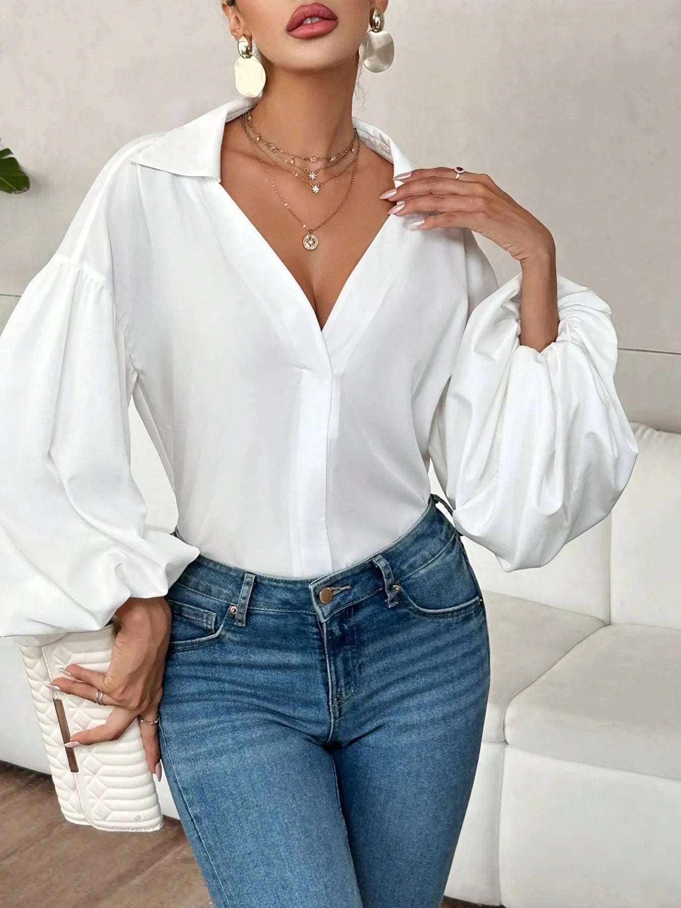 Polka Dot Balloon Sleeve Blouse