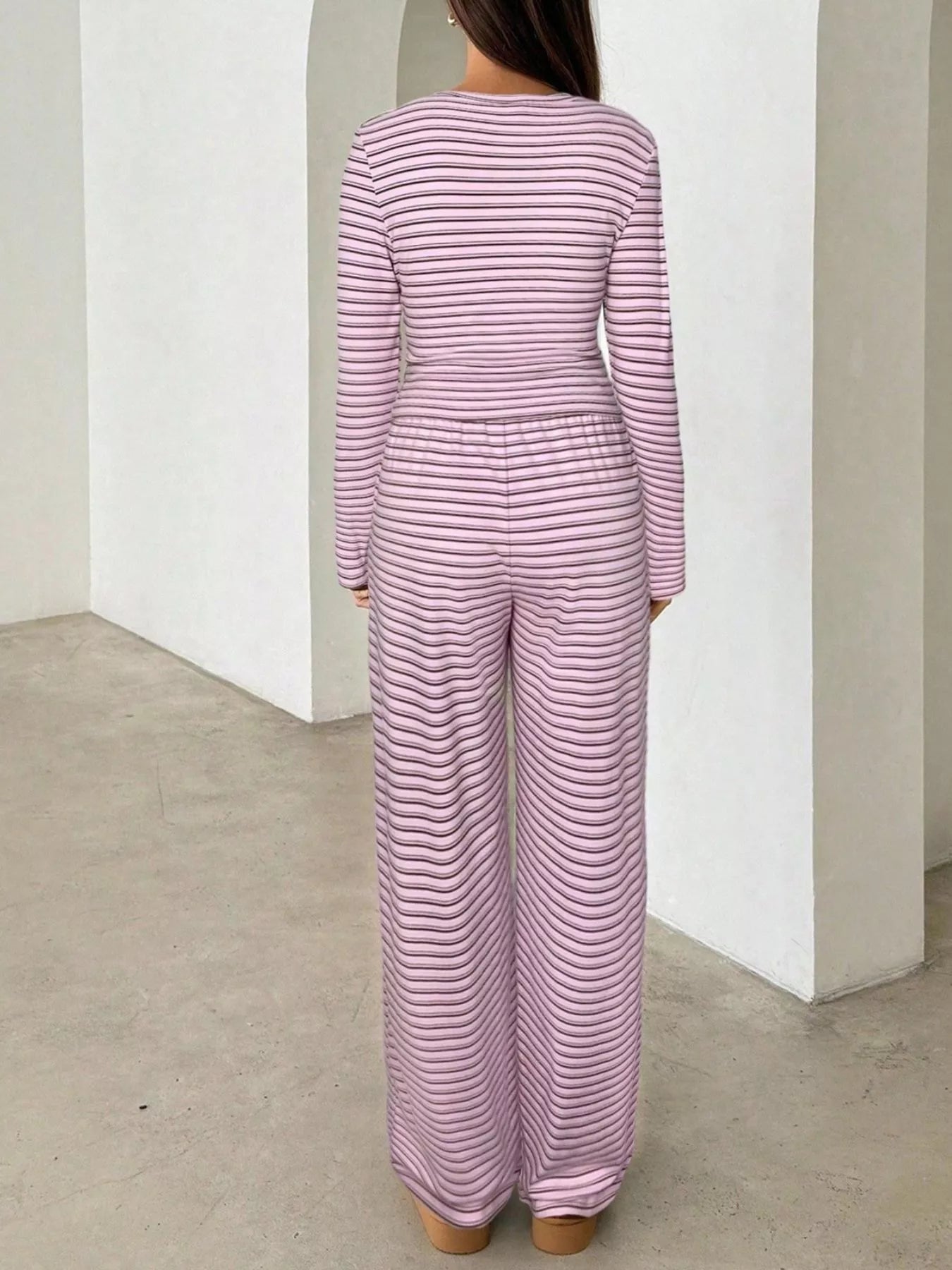 Striped Long Sleeve Crop Top and Wide Leg Pants Set