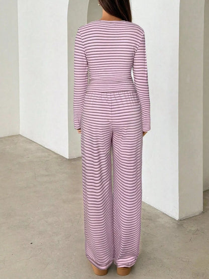 Striped Long Sleeve Crop Top and Wide Leg Pants Set