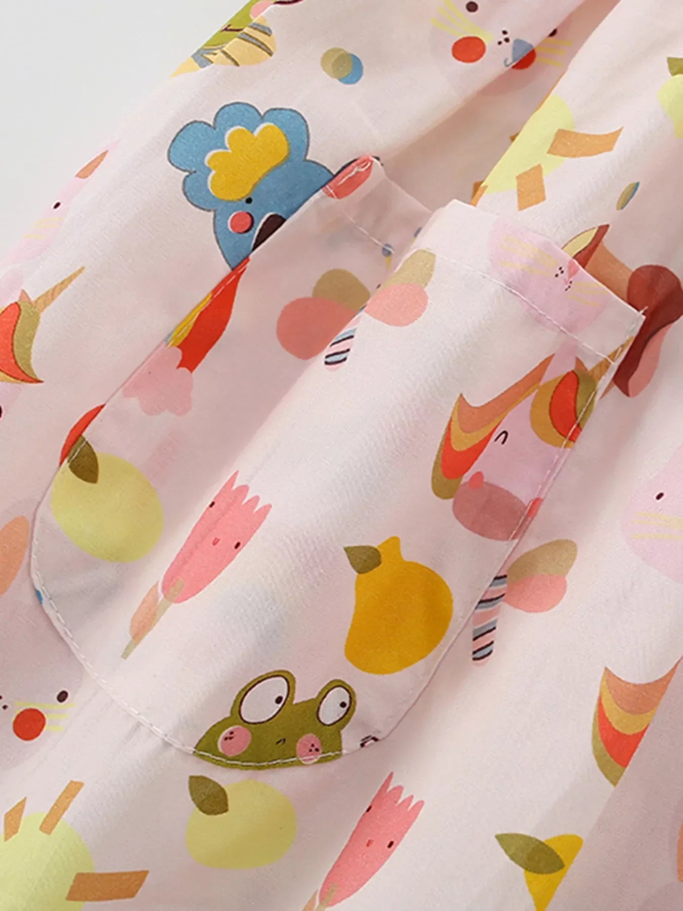 Children's Cartoon Print Button-Front Dress with Pockets