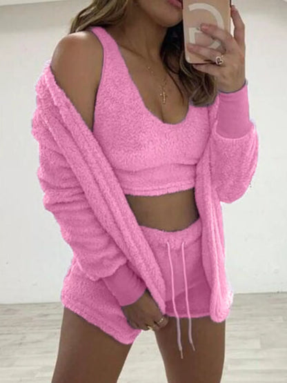 Full Size Fuzzy Tank, Cardigan and Shorts Set Plus Size