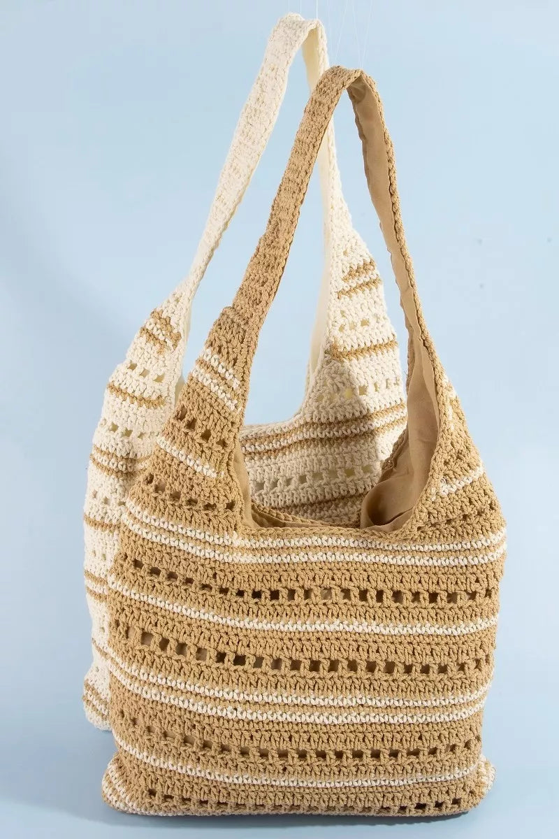 Striped crochet straw tote, view 4