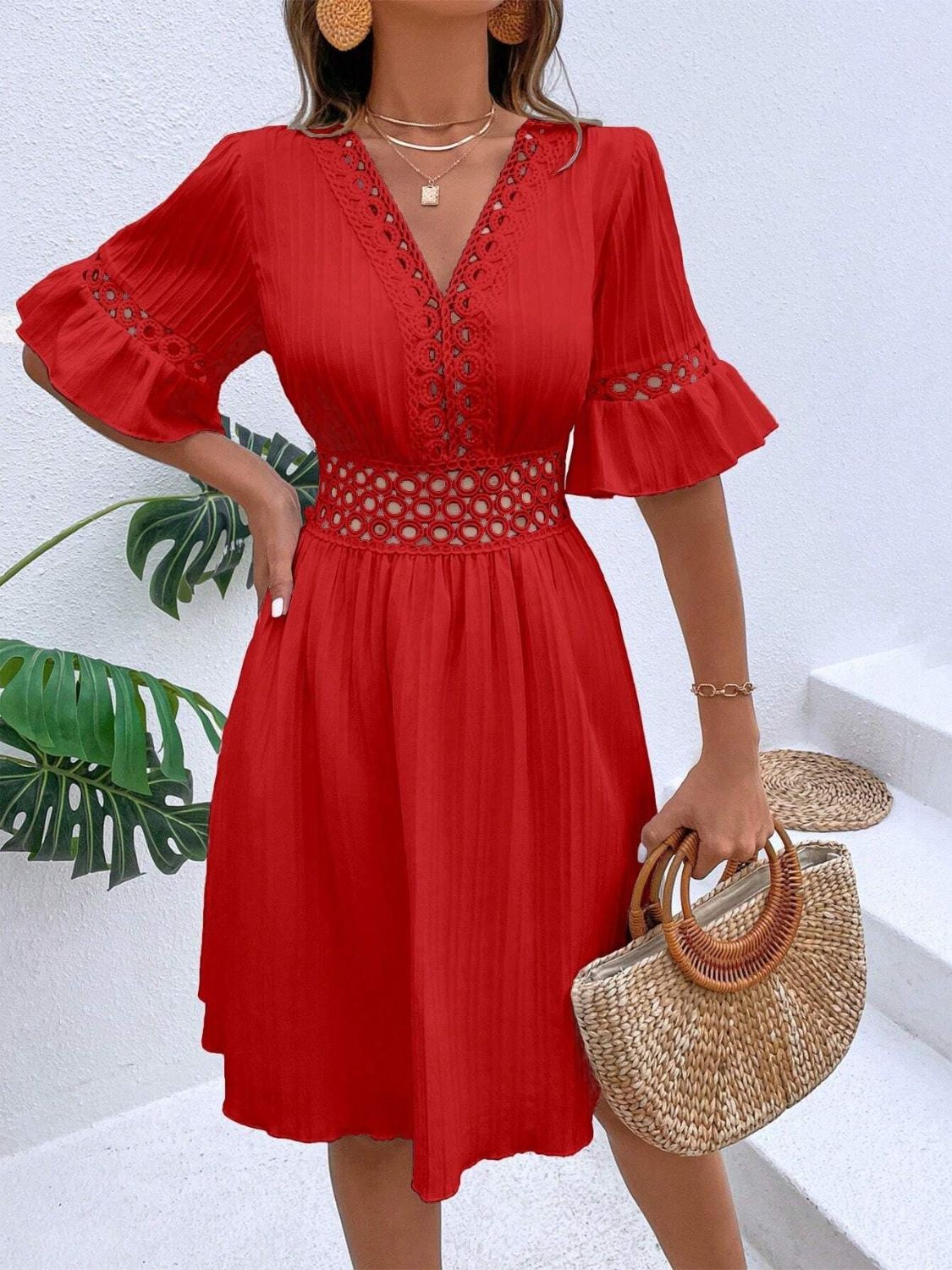 V-Neck Flounce Sleeve Mini Dress
