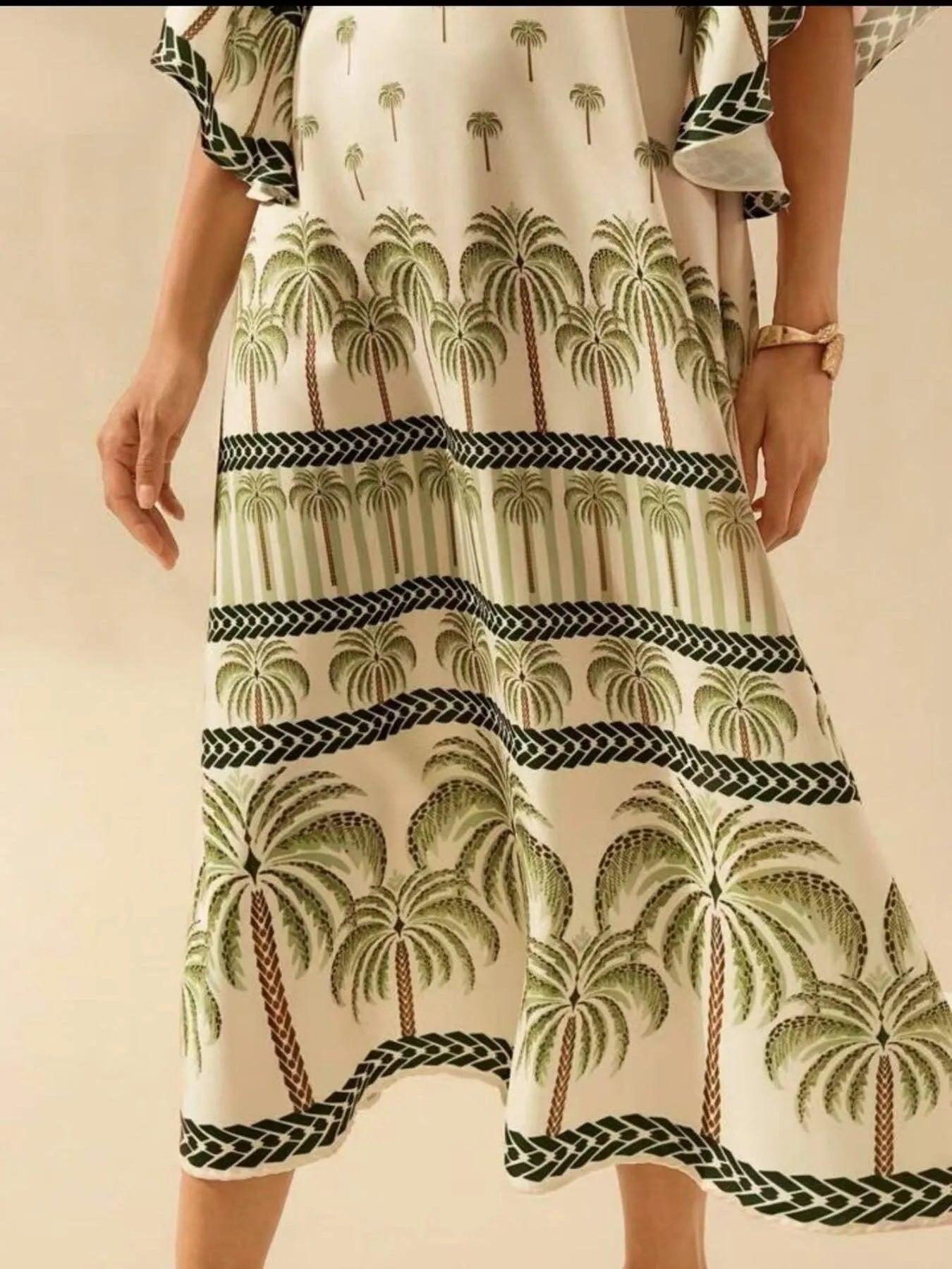 Palm Print V-Neck Midi Dress