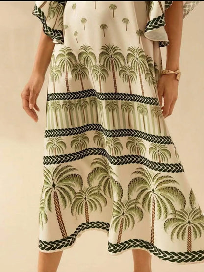 Palm Print V-Neck Midi Dress