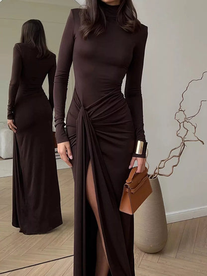 Turtleneck Long Sleeve Slit Maxi Dress