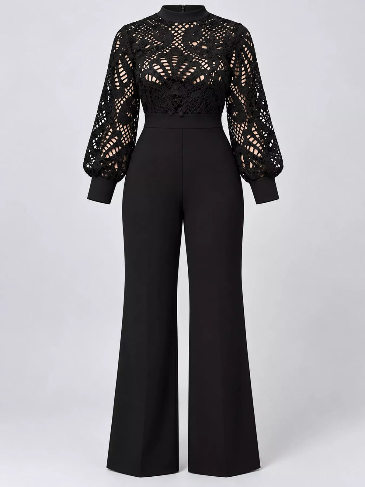 Plus Size Lace Lantern Sleeve Flare Jumpsuit