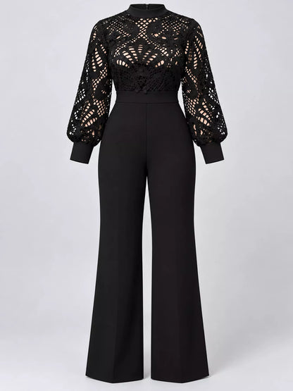 Plus Size Lace Lantern Sleeve Flare Jumpsuit