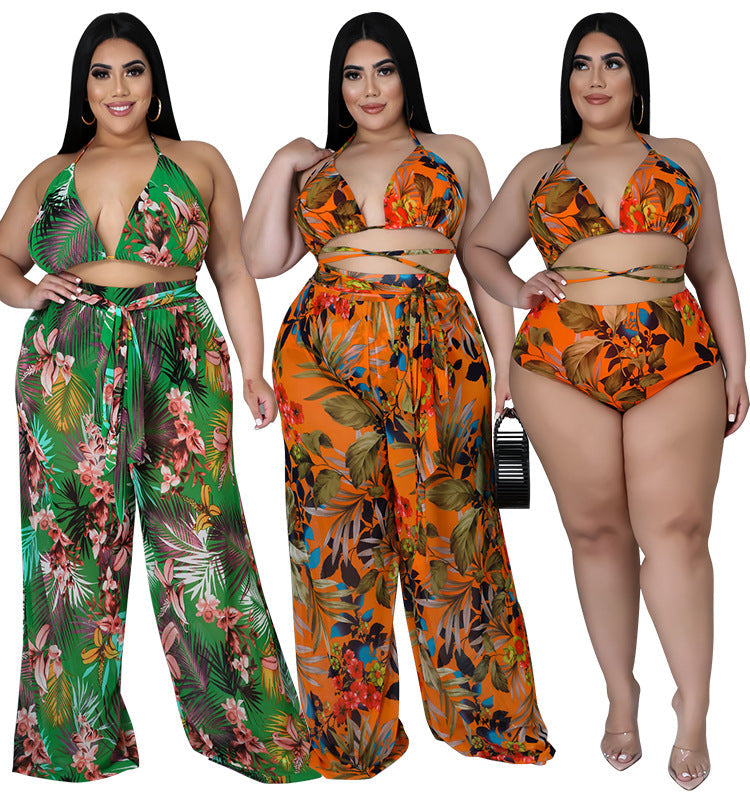 Plus Size Vacation Print Three Piece Set