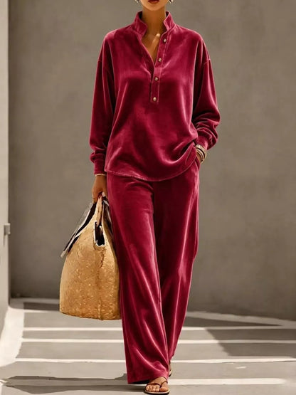Plus Size Half Button Top & Wide Leg Pants Set