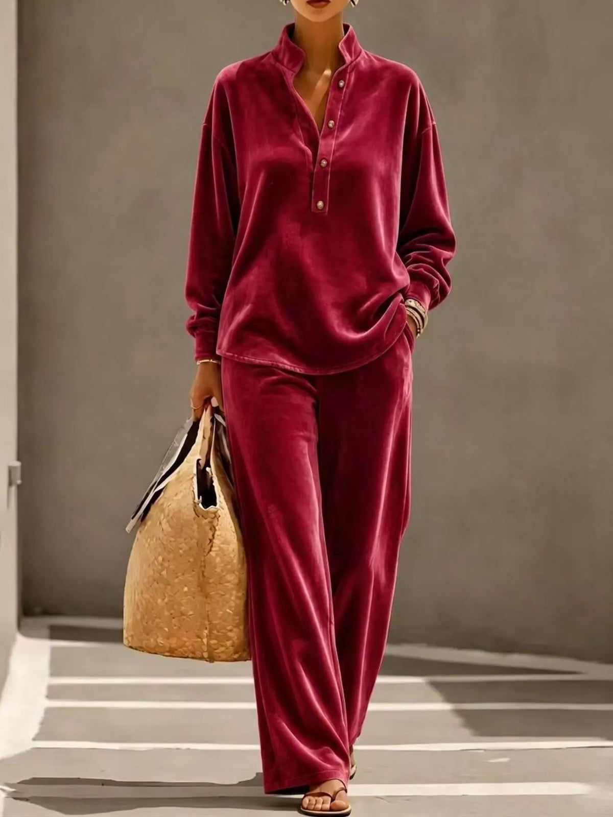 Plus Size Half Button Top & Wide Leg Pants Set
