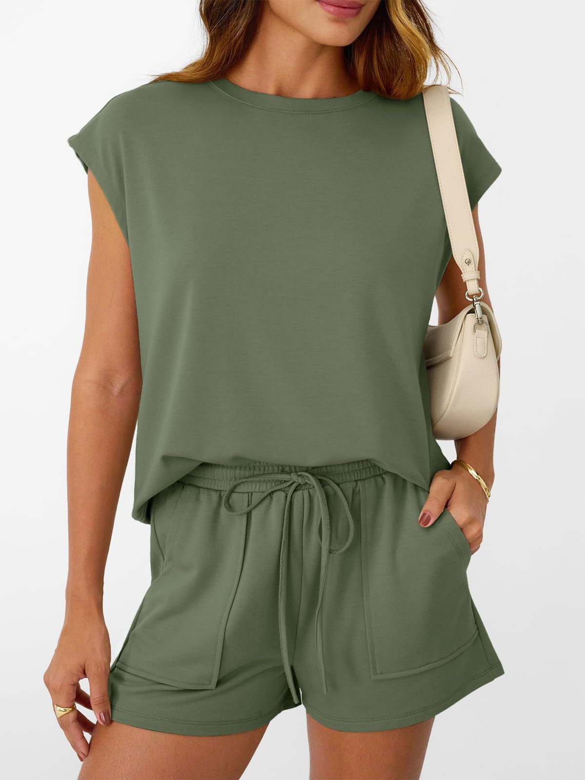 Round Neck Cap Sleeve Top and Shorts Set