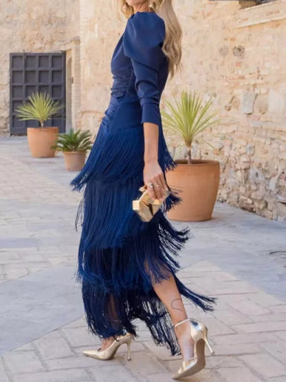 Plus size fringed puff sleeve dress, view 10