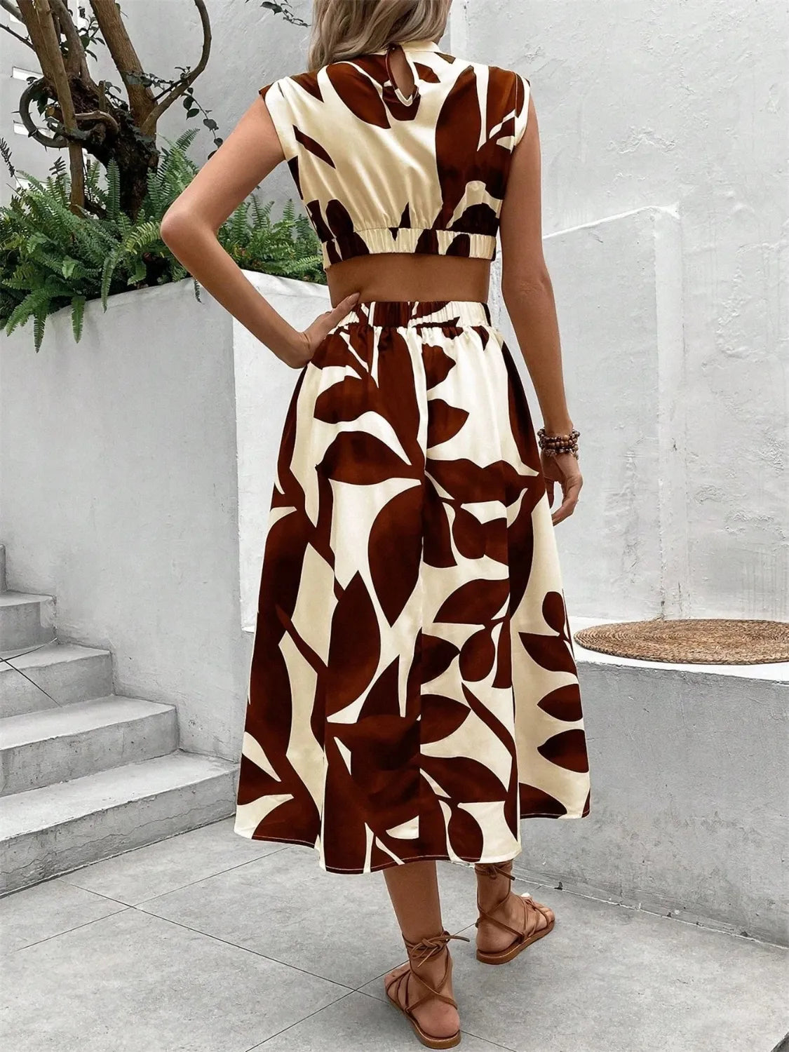 Cutout Printed Cap Sleeve Midi Dress