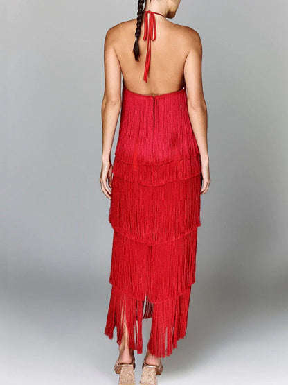 Fringe Halter Neck Maxi Dress
