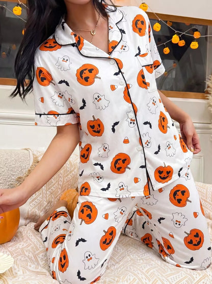 Halloween Pumpkin Print Button-Down Top and Pants Set