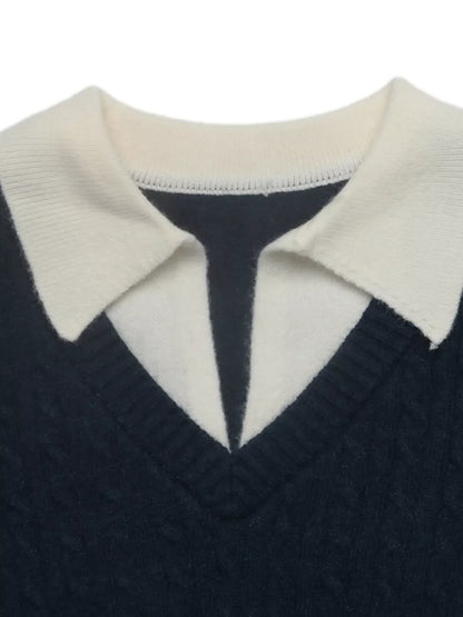 Cable Knit Contrast Collar Sweater