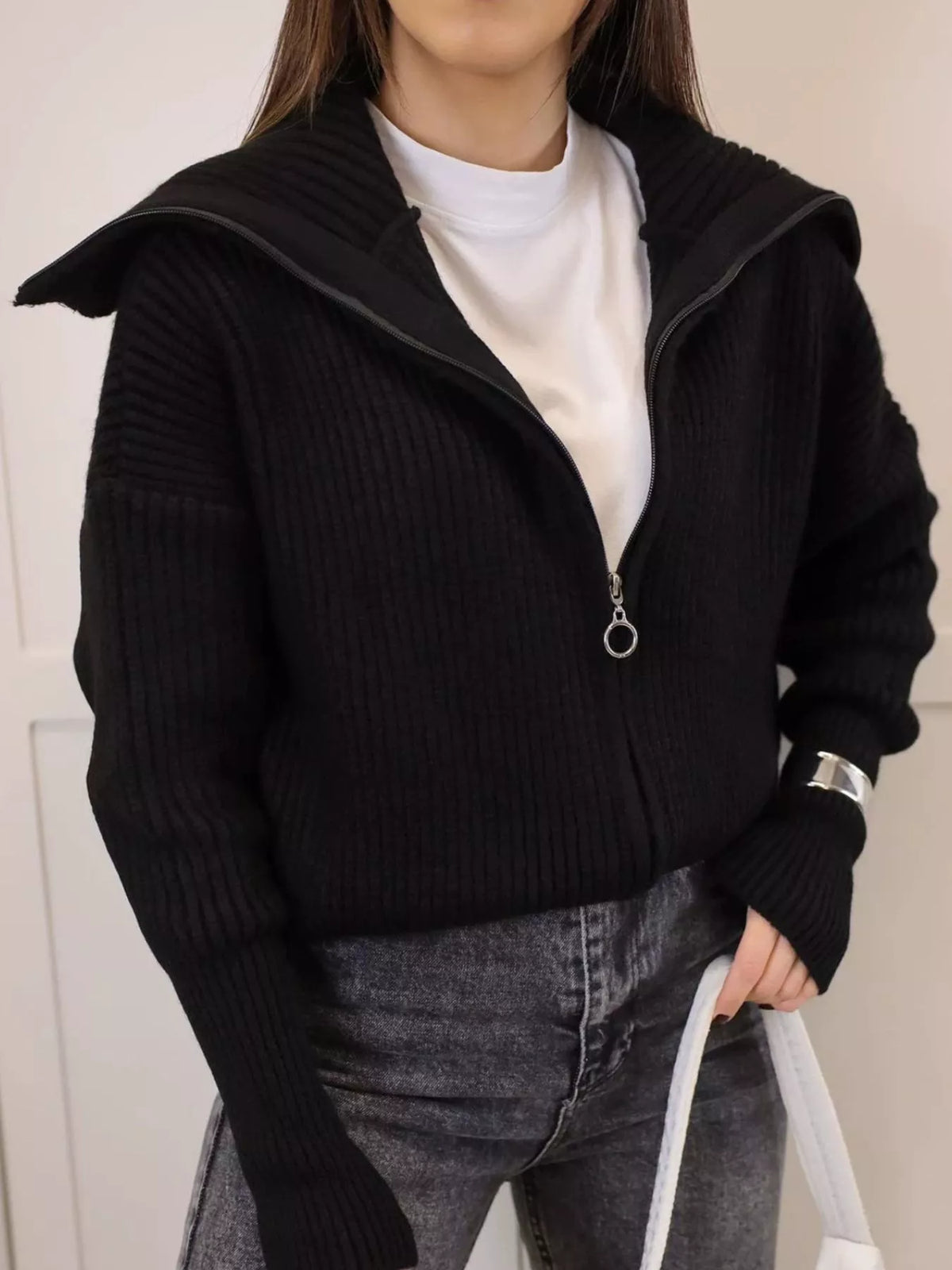 Zip Up Dropped Shoulder Cardigan