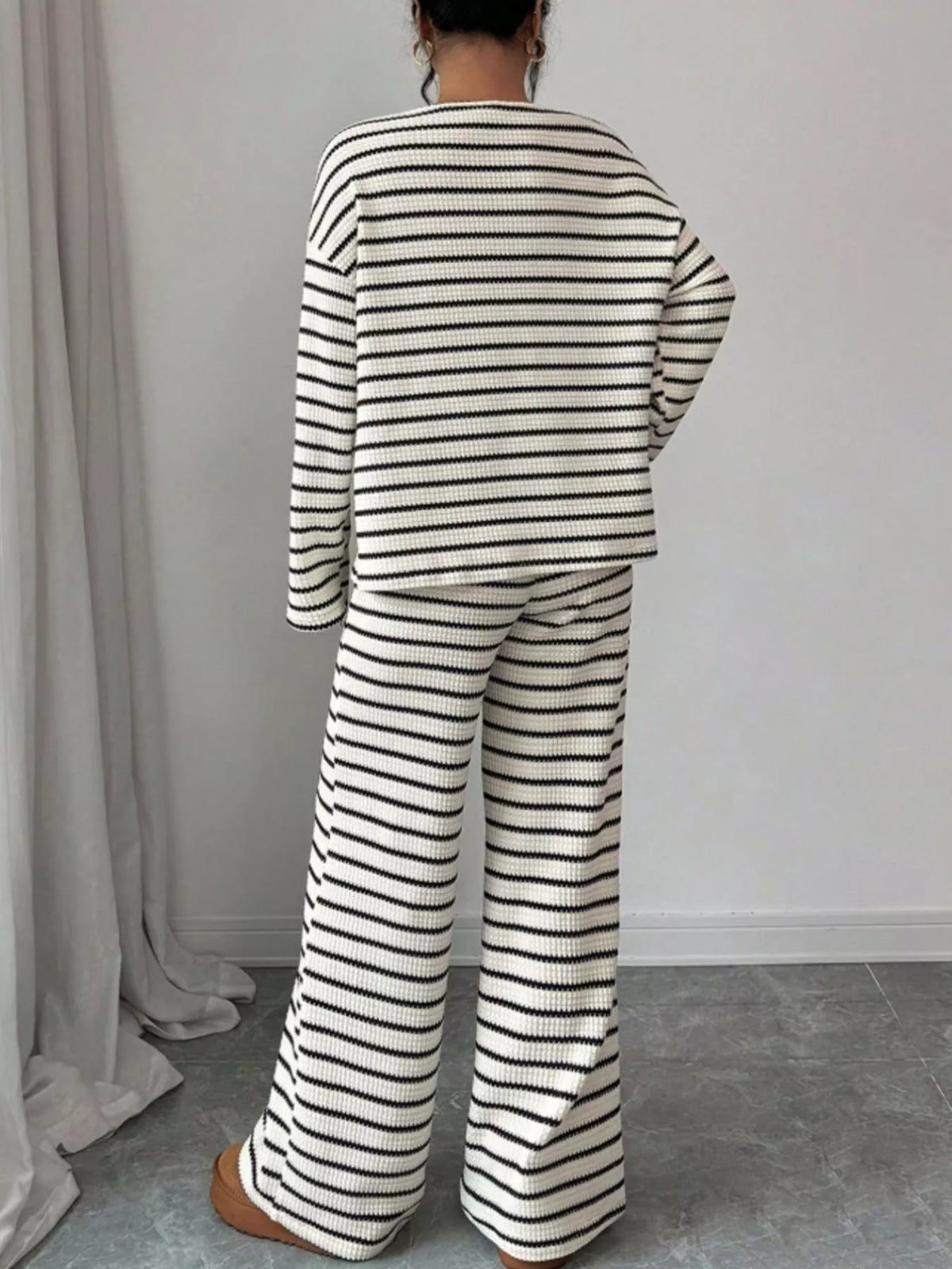 Striped waffle-knit top and pants set, view 3