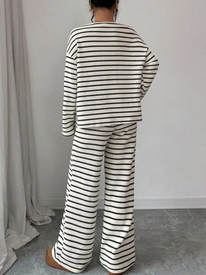 Striped waffle-knit top and pants set, view 3