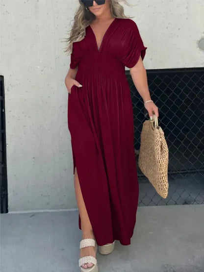 Full Size Deep V-Neck Maxi Dress with Side Slit