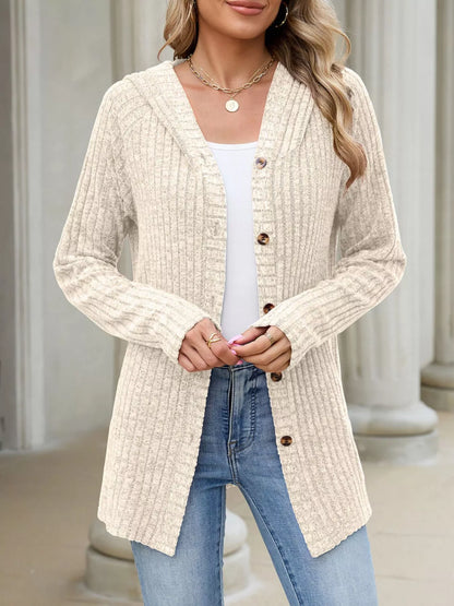 Ribbed Knit Hooded Button-Down Cardigan
