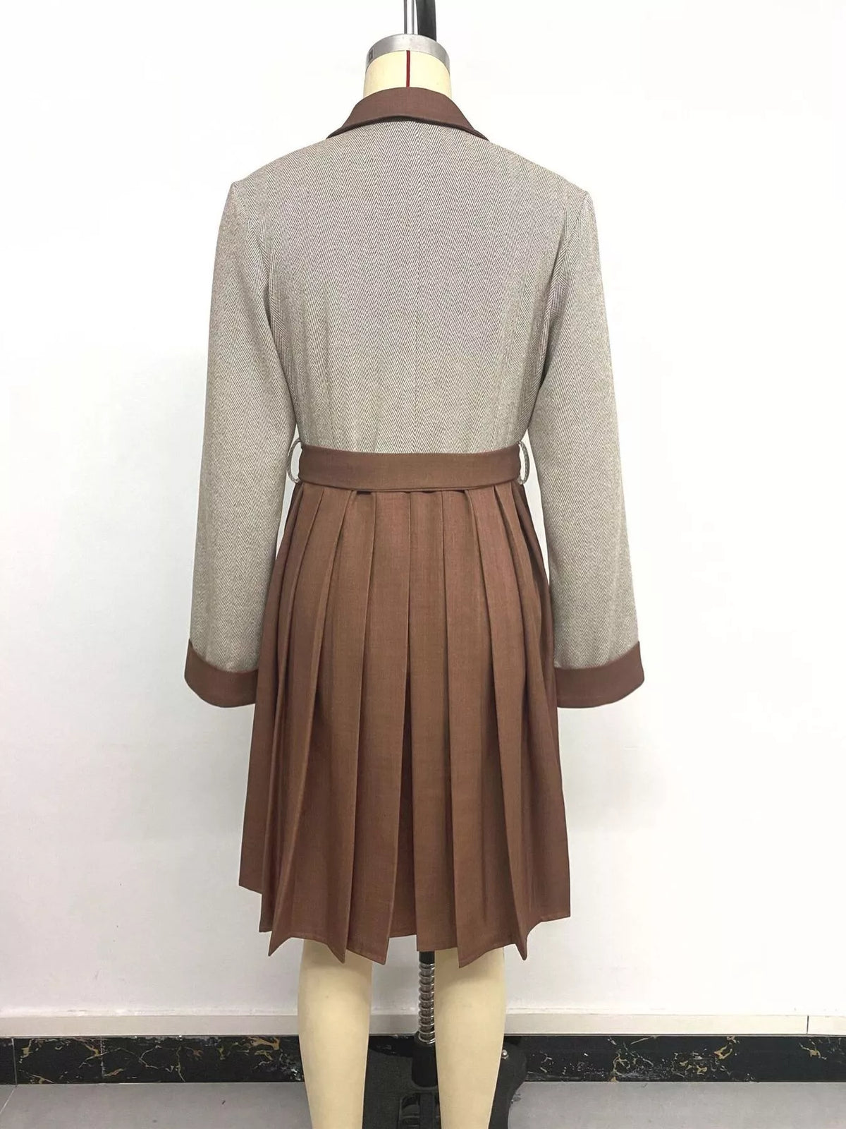Pleated Patchwork Blazer Belt Dress