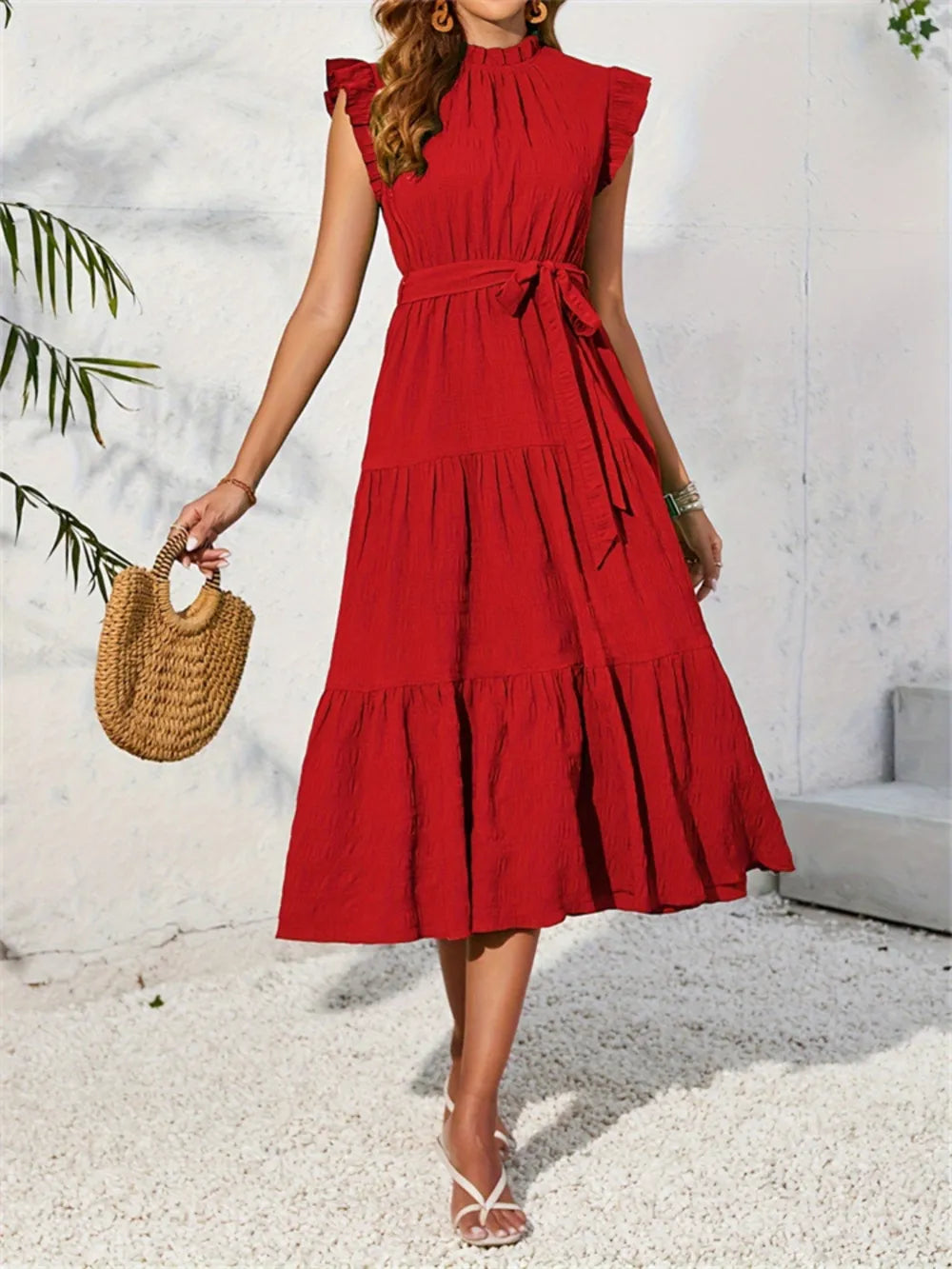 Ruffled Cap Sleeve Midi Mock Dress