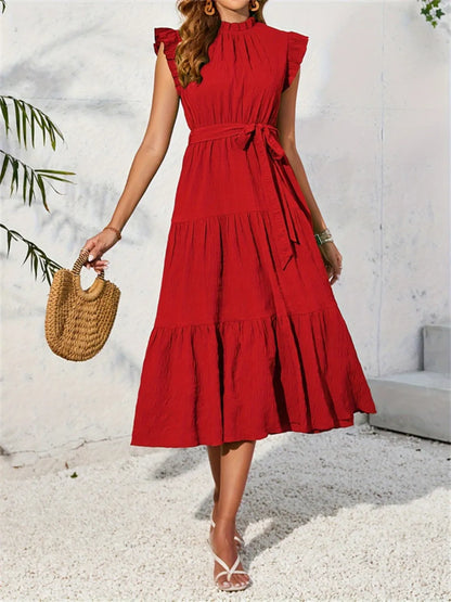 Ruffled Cap Sleeve Midi Mock Dress