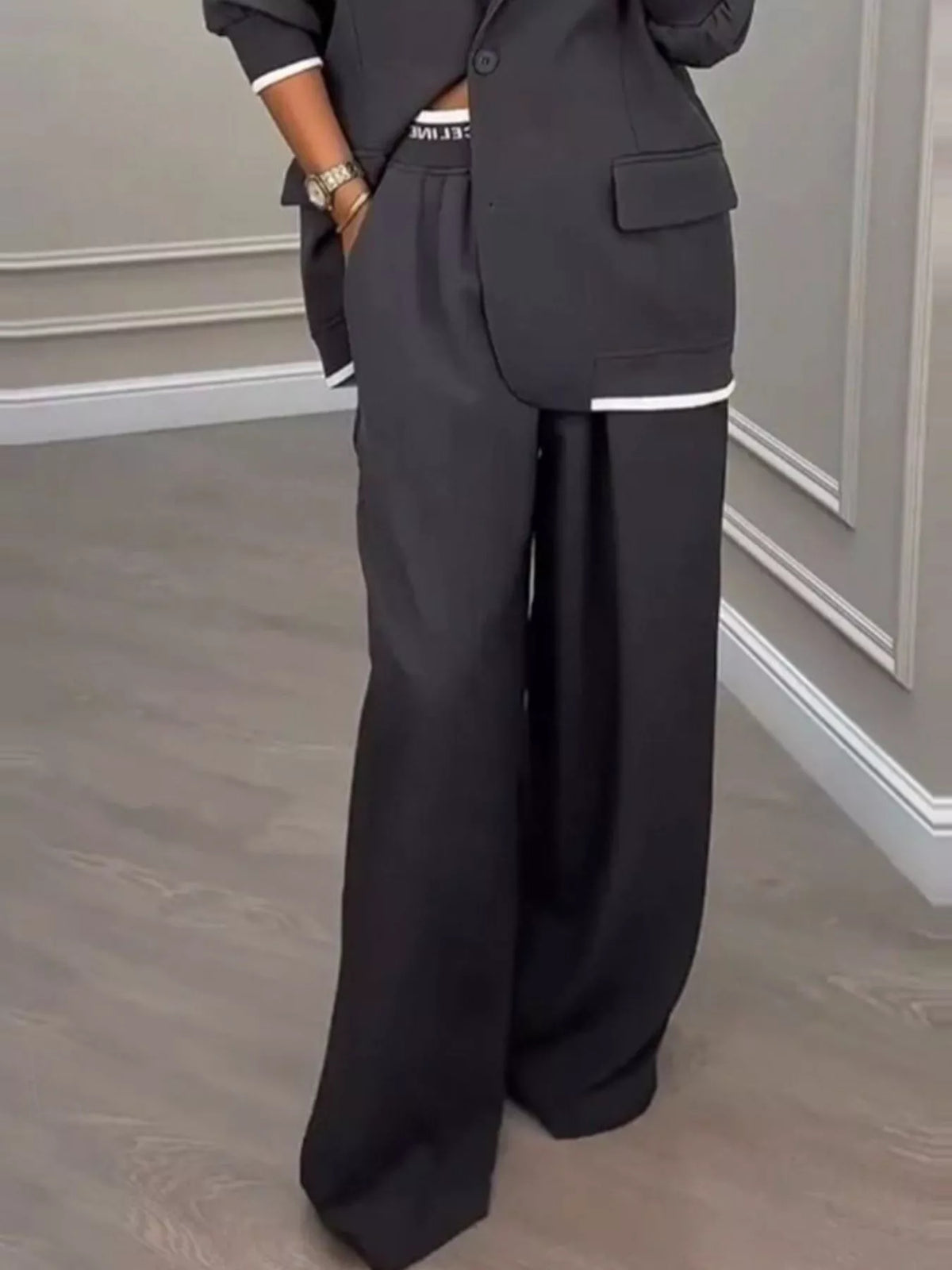Full Size One Button Blazer & Wide Leg Pants Set Plus Size