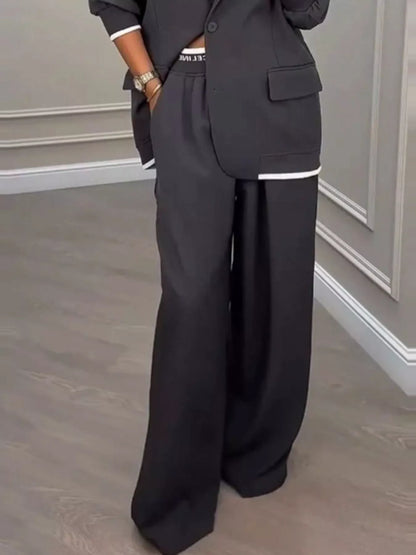 Full Size One Button Blazer & Wide Leg Pants Set Plus Size