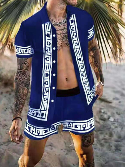 Men's Printed Collared Neck Short Sleeve Top and Shorts Set