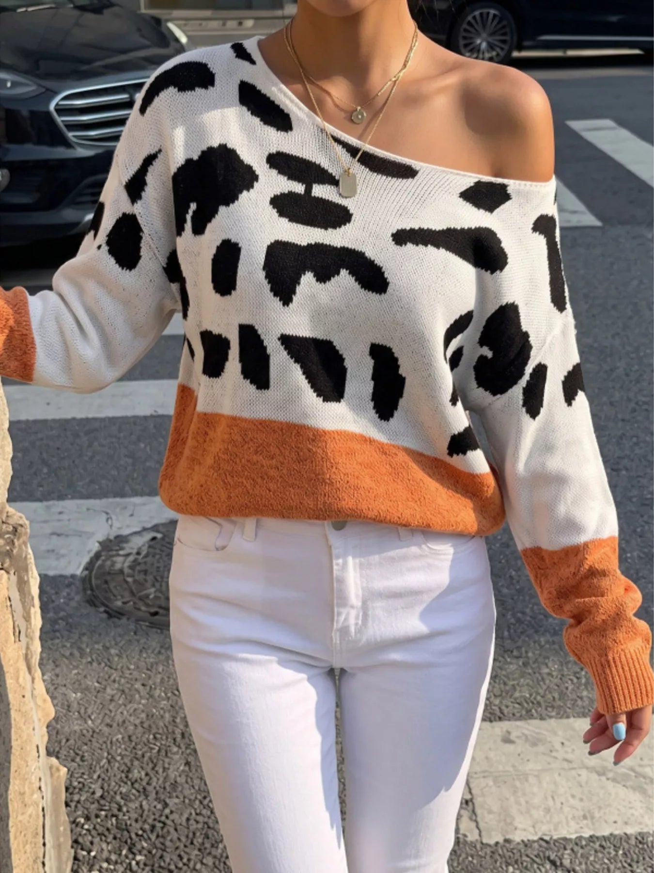 Full Size Leopard One Shoulder Sweater Plus Size