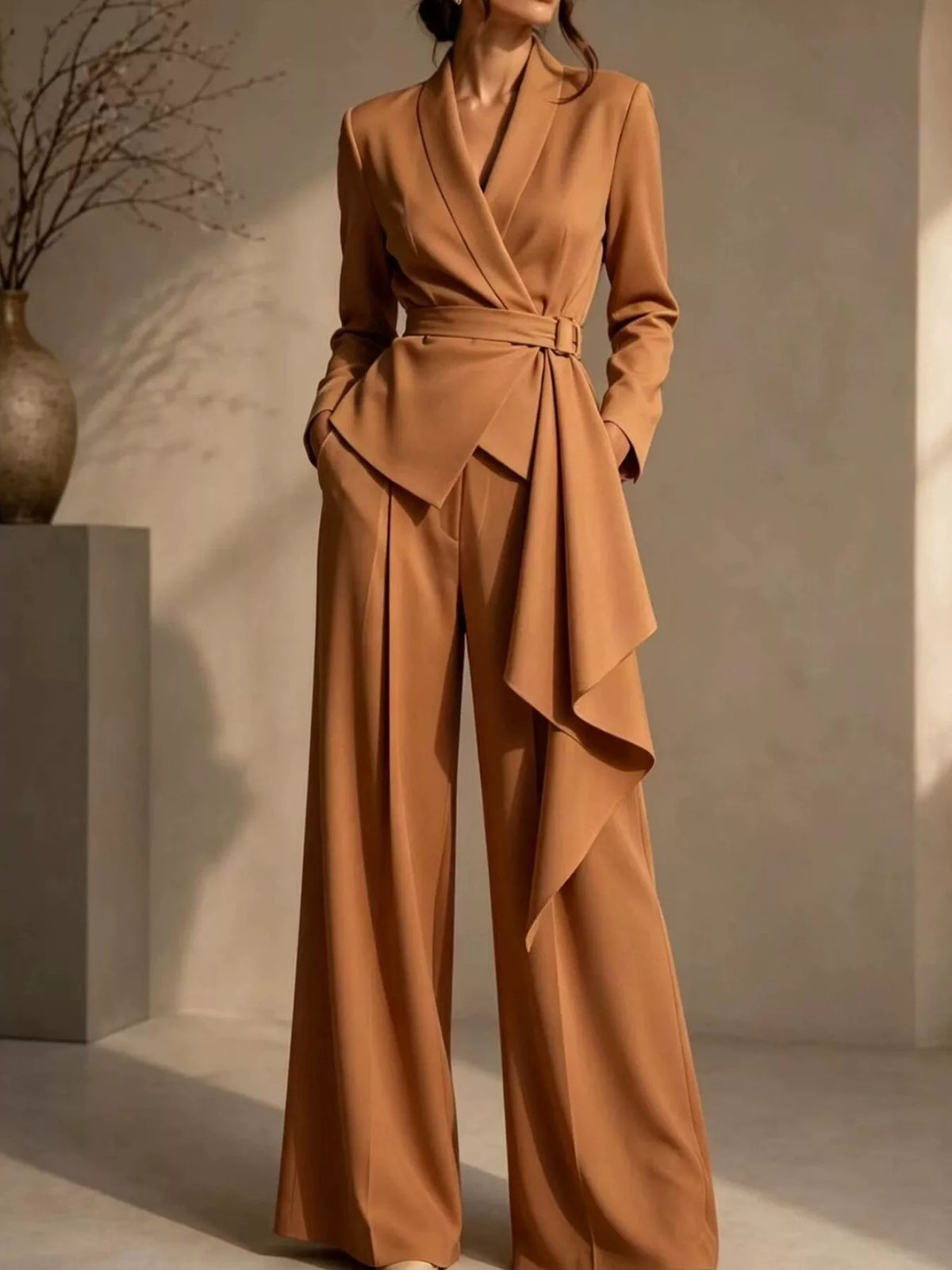 Plus Size Belted Blazer & Wide-Leg Pants Set